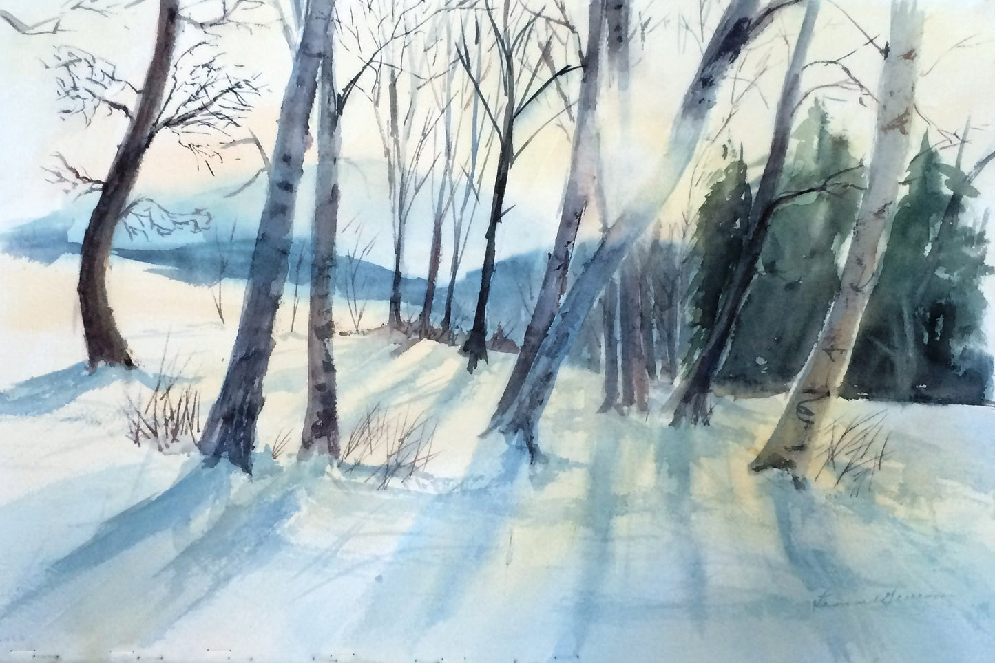 Watercolor painting of a snowy winter forest with birch trees, long blue-gray shadows, and distant hills under a pale sky.