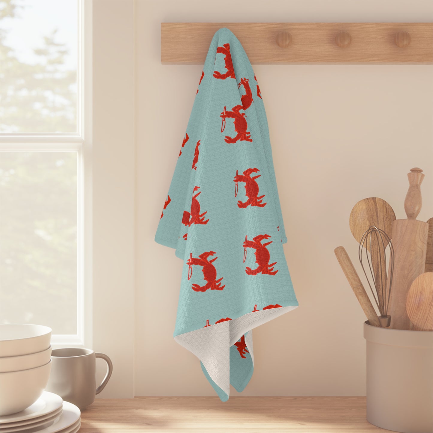 Crab Pattern Tea Towel — Coastal Red Crabs on Aqua Kitchen Towel