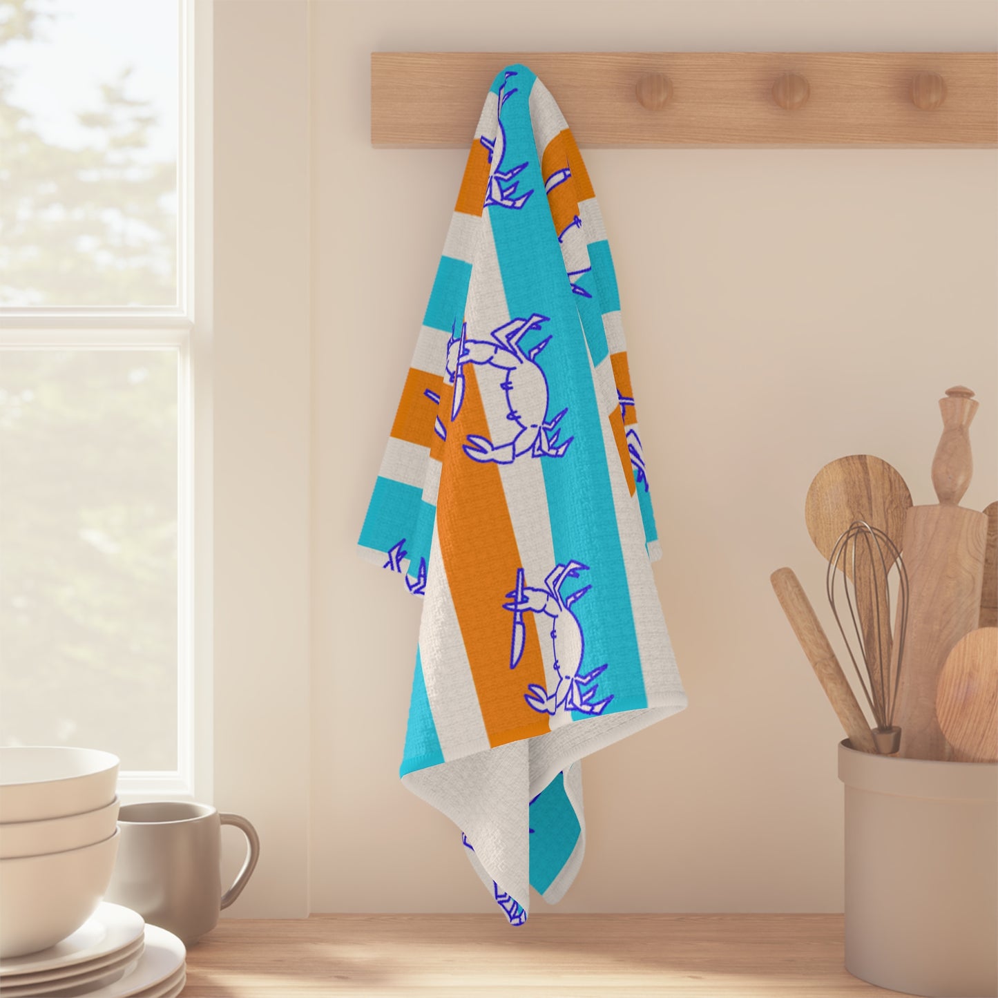 Crab Stripe Microfiber Tea Towel — Coastal Blue & Orange Kitchen Towel