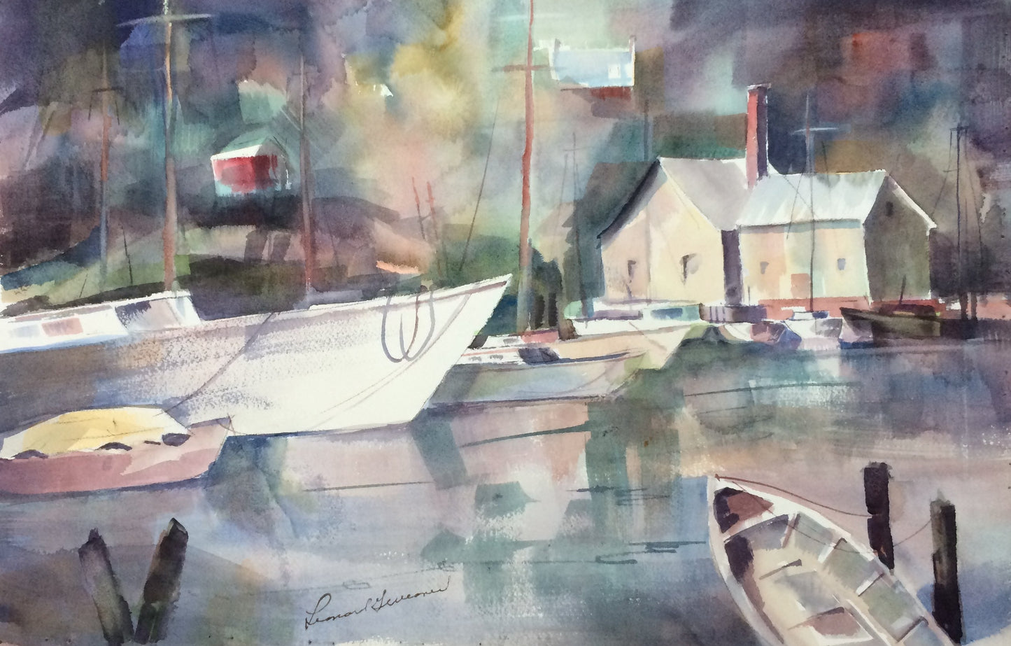 Watercolor painting of a harbor scene with boats, a small house, and reflections on the water, rendered in muted blue, gray, green, and beige tones.