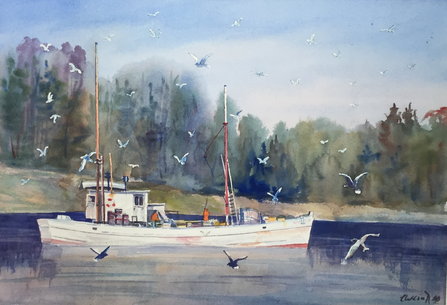 Watercolor painting of a white fishing boat on calm water with seagulls flying around it, set against a backdrop of green trees and a pale blue sky.