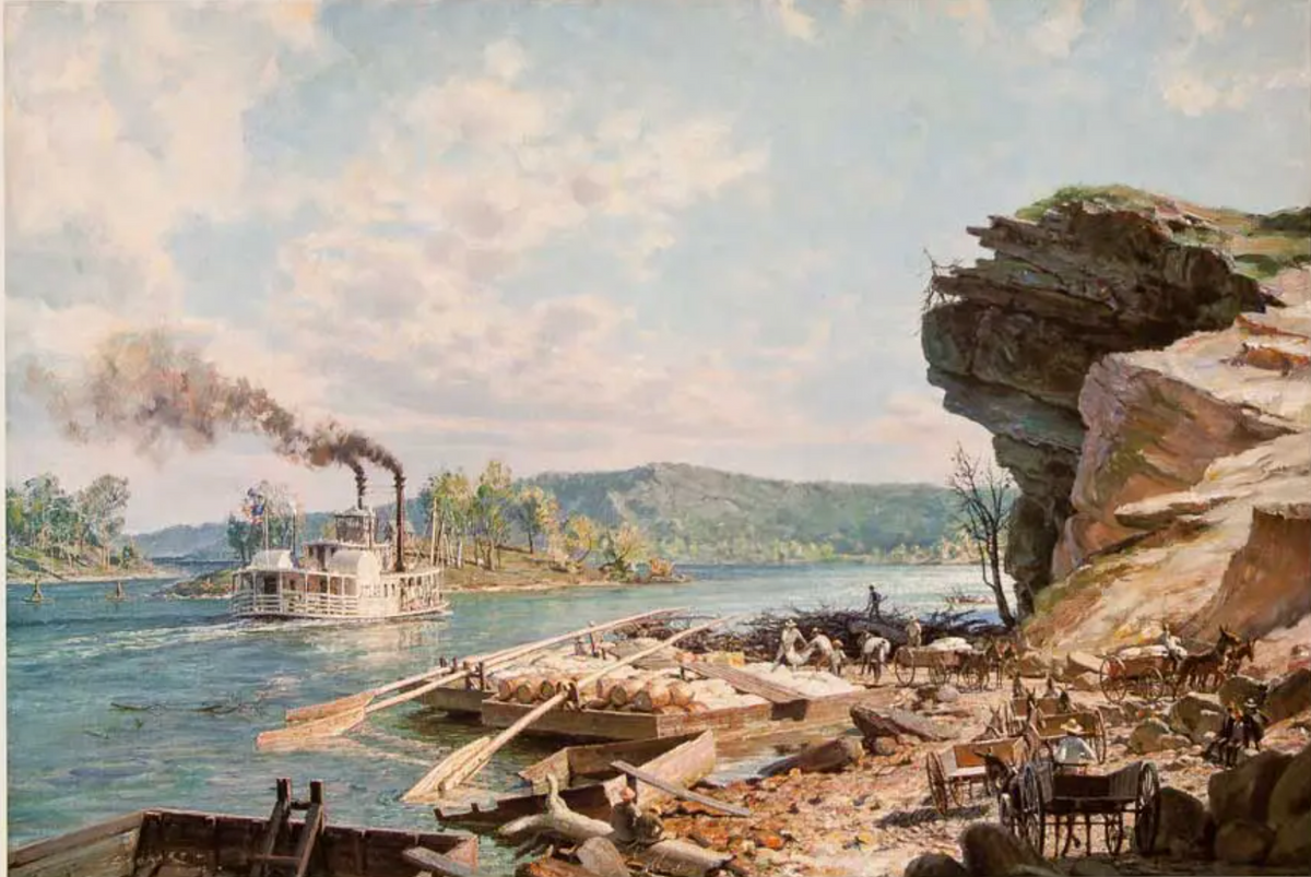 CHATTANOOGA: UNLOADING FLATBOATS ON THE BANKS OF THE TENNESSEE RIVER IN 1848