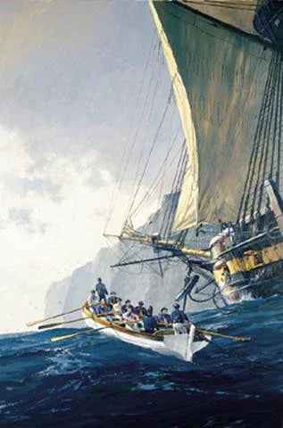 A lithograph depicting a naval scene with a ship giving a 13-gun salute, with people on boats in the foreground and a mountainous background.