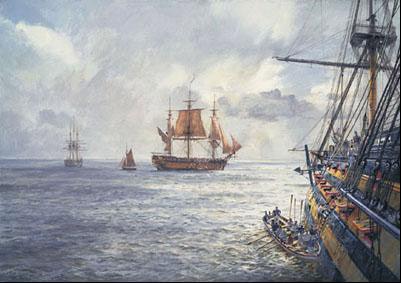 A lithograph featuring two sailing ships on the water with a cloudy sky background, signed and numbered.