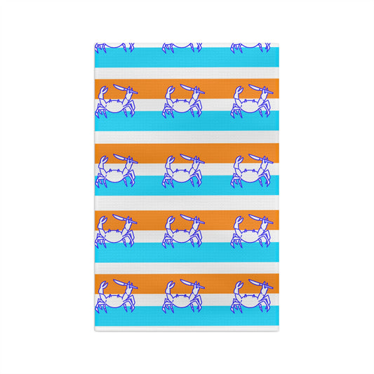 Crab Stripe Microfiber Tea Towel — Coastal Blue & Orange Kitchen Towel