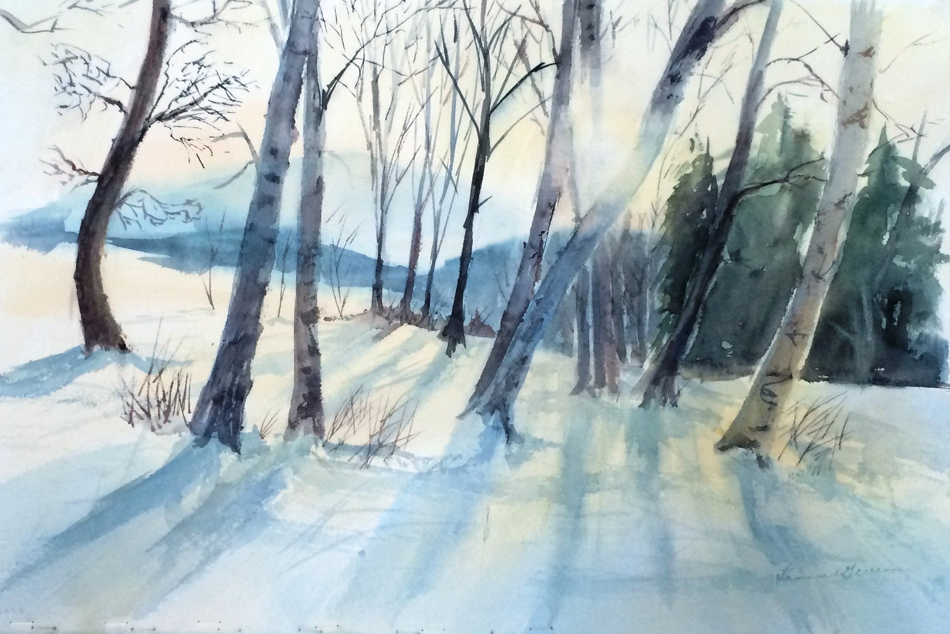 Watercolor painting of a snowy winter forest with birch trees, long blue-gray shadows, and distant hills under a pale sky.