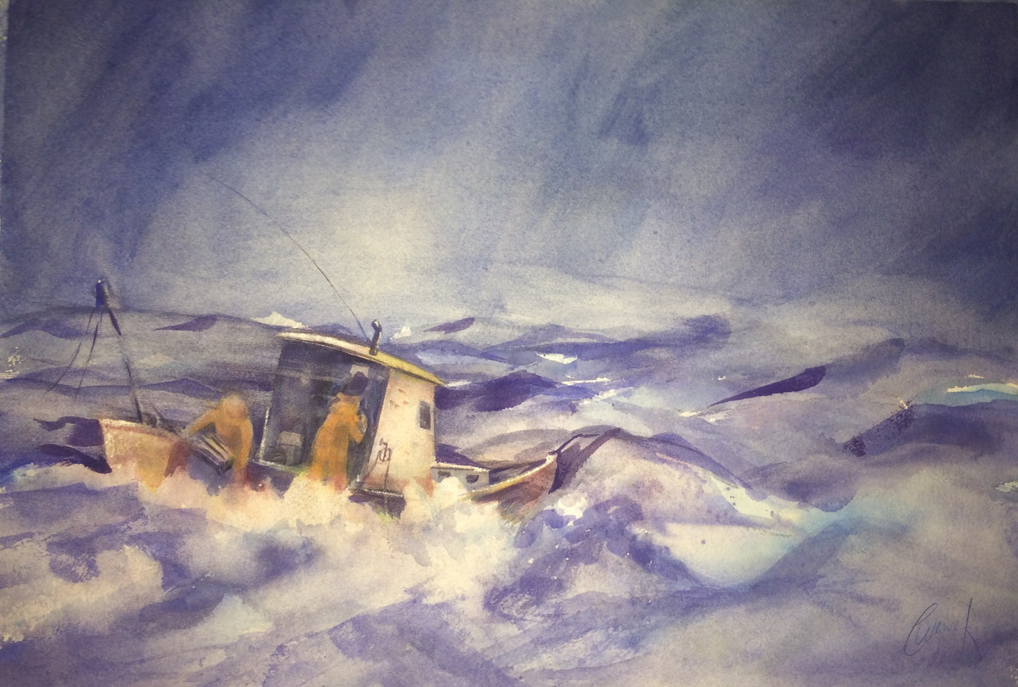 Watercolor painting of a small fishing boat battling rough, choppy waves under a dark, stormy blue-gray sky.