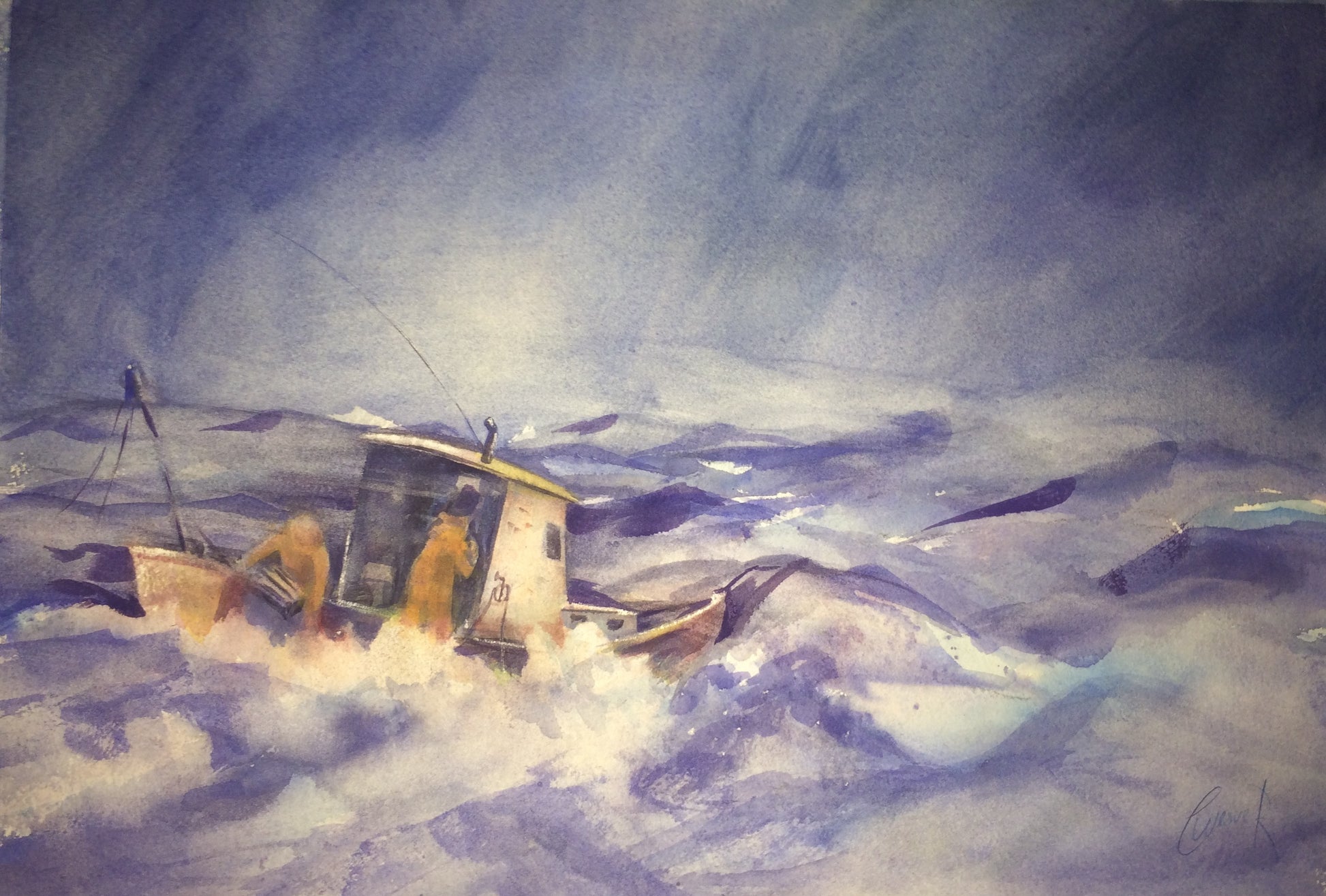 Watercolor painting of a small fishing boat battling rough, choppy waves under a dark, stormy blue-gray sky.