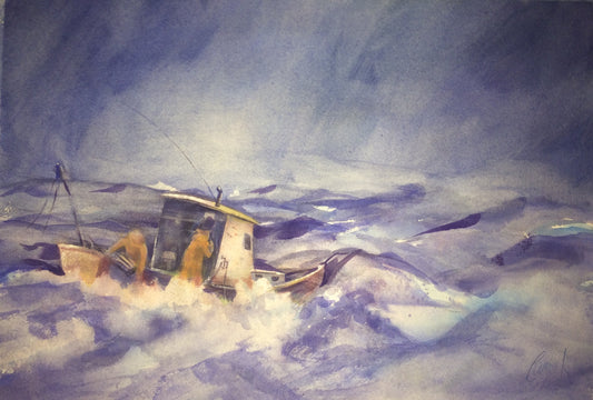 Watercolor painting of a small fishing boat battling rough, choppy waves under a dark, stormy blue-gray sky.