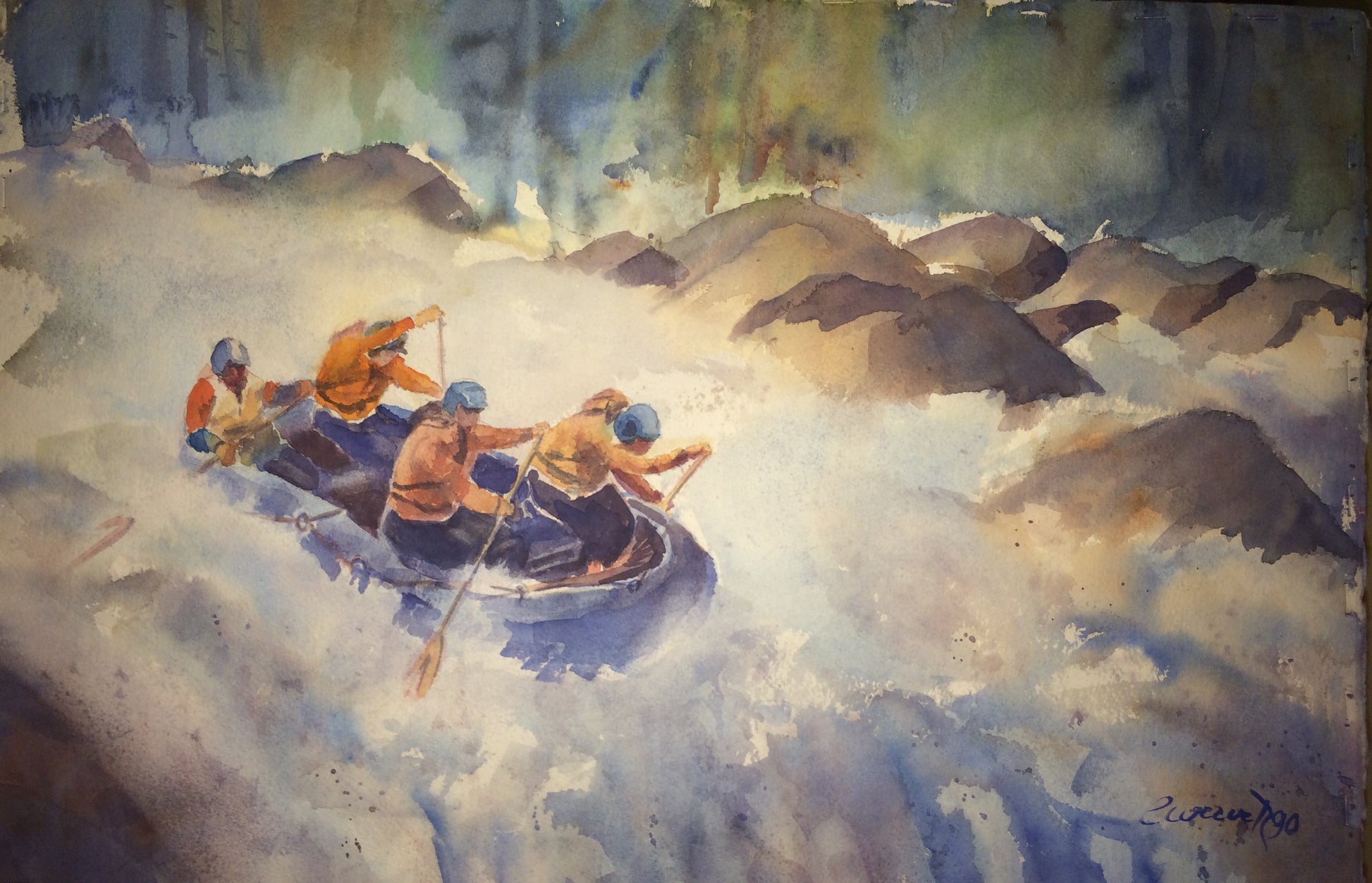 Watercolor painting of a group of people rafting through turbulent white water, with dark rocky formations in the background. Signed in the lower right corner.