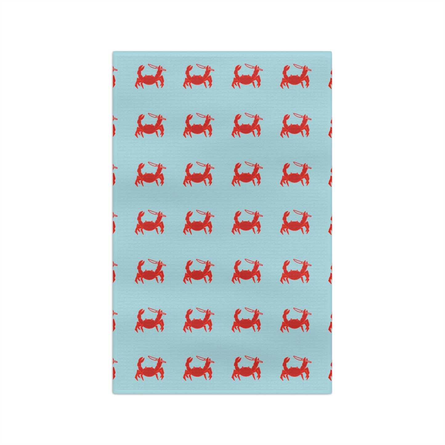 Crab Pattern Tea Towel — Coastal Red Crabs on Aqua Kitchen Towel