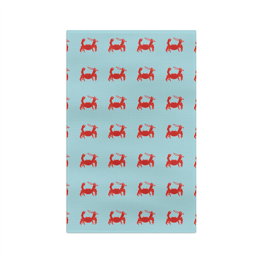 Crab Pattern Tea Towel — Coastal Red Crabs on Aqua Kitchen Towel