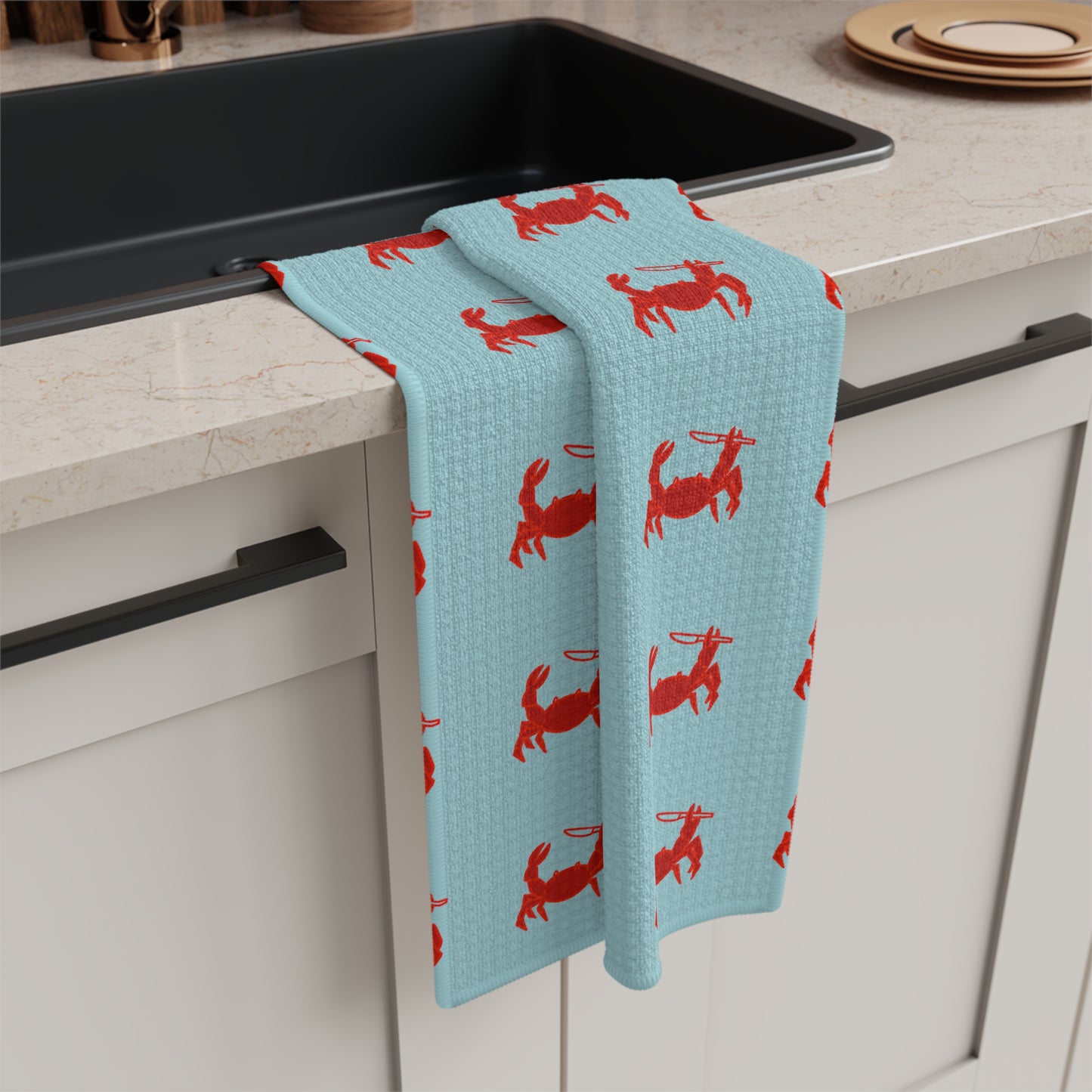 Crab Pattern Tea Towel — Coastal Red Crabs on Aqua Kitchen Towel