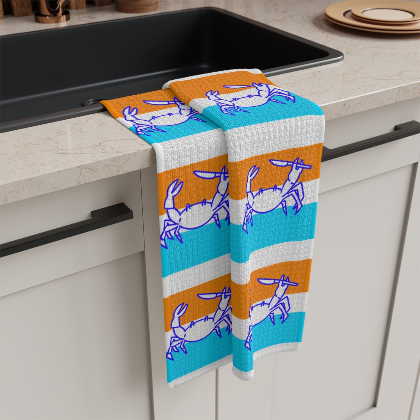 Crab Stripe Microfiber Tea Towel — Coastal Blue & Orange Kitchen Towel