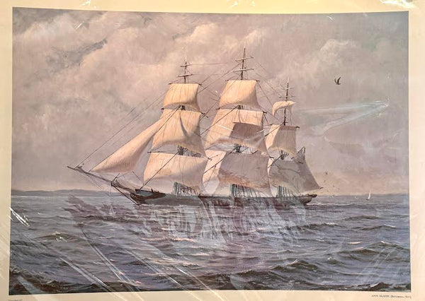Painting of a large sailing ship on choppy waters with a cloudy sky. Ann McKim Baltimore Clipper Ship by Maritime Artist Peter Egeli
