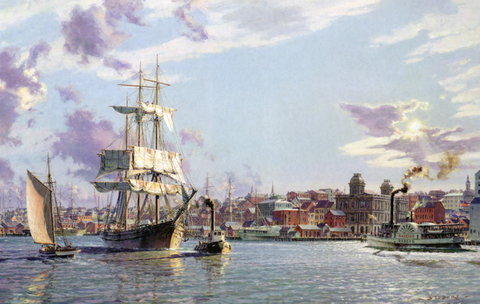 PORTLAND: THE BARK "HALCYON" TOWING OUT PAST THE CUSTOMS HOUSE IN 1876