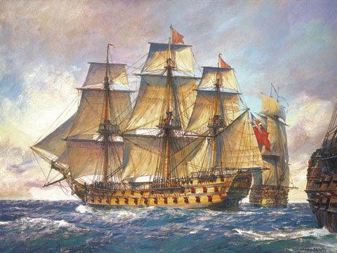 A lithograph of a sailing ship with a calm sea background, signed and numbered by Geoff Hunt.