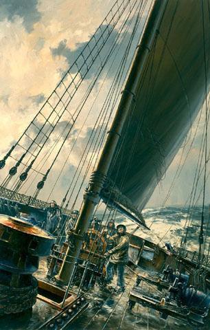 A lithograph of a sailing ship with people on board, suggesting a scene from a novel or story.
