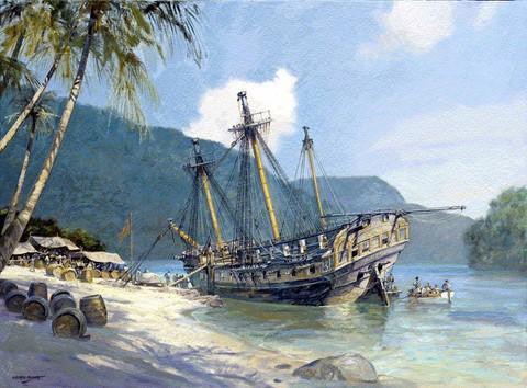 Painting of a large ship docked at a tropical port with palm trees and mountains in the background.